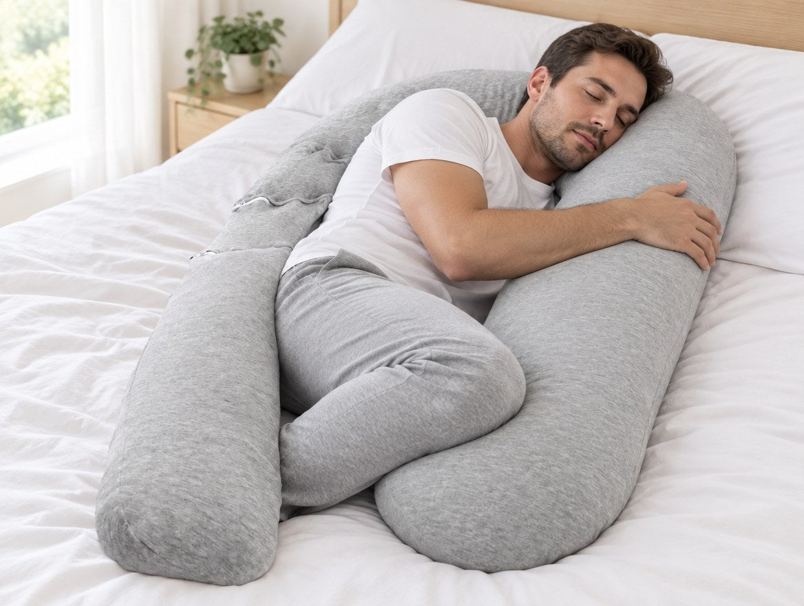 Man asleep on his side hugging a gray Araluna U-shaped pillow as a body pillow