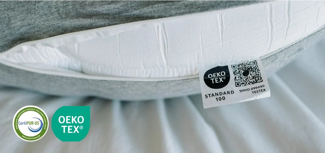 OEKO-TEX STANDARD 100 label sewn into Araluna, certificate SHHO 096690, TESTEX, with CertiPUR-US and OEKO-TEX marks